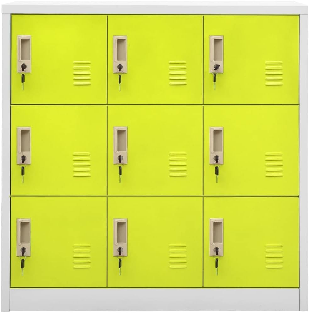 Steel Locker Cabinet Light Gray and Green Medium Storage Locker with 9 Compartments for Office and School Indoor Use, Cam Lock Security, 17.7x35.4x36.4 Inches
