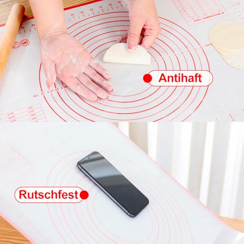 Nifogo Silikonmatte Backmatte Silikon Backunterlage 60 x 40 cm, Teigmatte Wiederverwendbar Antihaft Rutschfest mit Messung Teigschaber