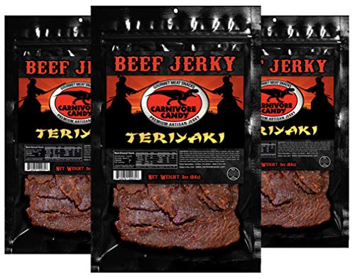 Carnivore Candy Teriyaki Beef Jerky – Beef Jerky With Amazing Taste, No Preservatives, Msg-Free, Low Sodium Meat Snack. Great Protein Boost For The Gym, Office Or On The Go! (3 Oz, 3 Re-Sealable Bags) #TOP2