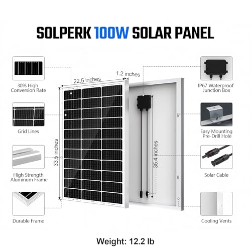 Image of SOLPERK 100 Watt Solar Panel 12 Volt, 100W Solar Panel High-Efficiency Monocrystalline Solar Panels for Home, RV, Camping, Marine, Rooftop, Off-Grid Applications