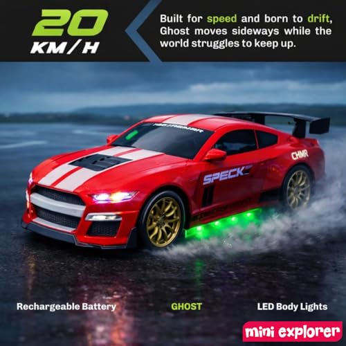 Image of MiniExplorer Ghost RC Drift Car 1:24 Scale 4WD | 20KM /H High-Speed Remote Control Car with LED Lights | 2.4GHz Rechargeable Drift Racing Car with Extra Tires & Cones | Birthday Gift | Boys & Girls