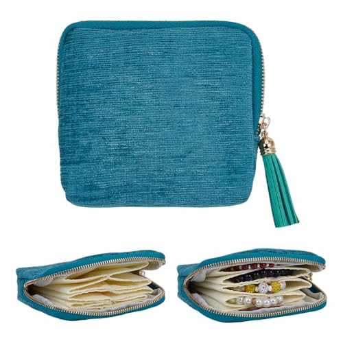 MAYJOYDIY Pochettes à Bijoux de Voyage Turquoise Étuis en Tissu Souple de 11.2x12.7x3.4cm D'Épaisseur Pochettes de Rangement Zippées avec Pompon pour...