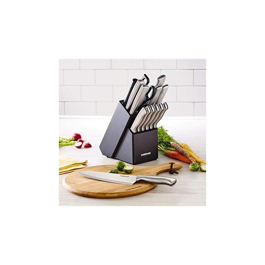 Farberware-Stamped-15-Piece-High-Carbon-Stainless-Steel-Knife-Block-Set-Steak-Knives-Black Farberware 15-Piece High-Carbon Stamped Stainless Steel Kitchen Knife Set with Wood Block, Steak Knives, Razor-Sharp, Black, Ultra-Sharp Blades, Ergonomic Comfort Grip