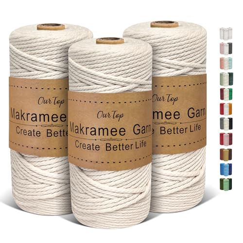 OurTop Premium Makramee Garn 3er Set, 3mm x 100m Macrame Cord Makramee Schnur Makramee Kordel, Garn für DIY Handwerk, Weben Dekoration, Hängepflanze Pflanze Aufhänger(Natur, Natur, Natur)