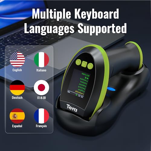 Image of Tera Barcode Scanner Wireless with Screen: Pro Version 1D 2D QR with Setting Keypad Charging Cradle Works with Bluetooth 2.4G Wireless USB Wired Handheld Bar Code Reader HW0009 Green