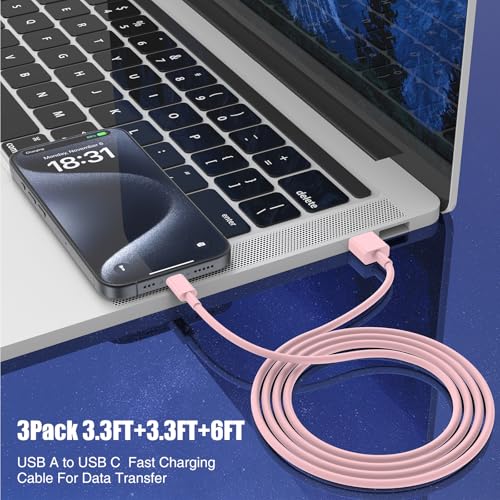 Image of 3-Pack Pink [3.3FT+3.3FT+6FT] USB A to USB C Cable，USB to USB C Car Carplay Cable for iPhone 16 15 Pro Plus Pro Max，for iPad Pro /Air /Mini，for Samsung S24 /S23 /S22 /S21，for MacBook Pro /Air and More