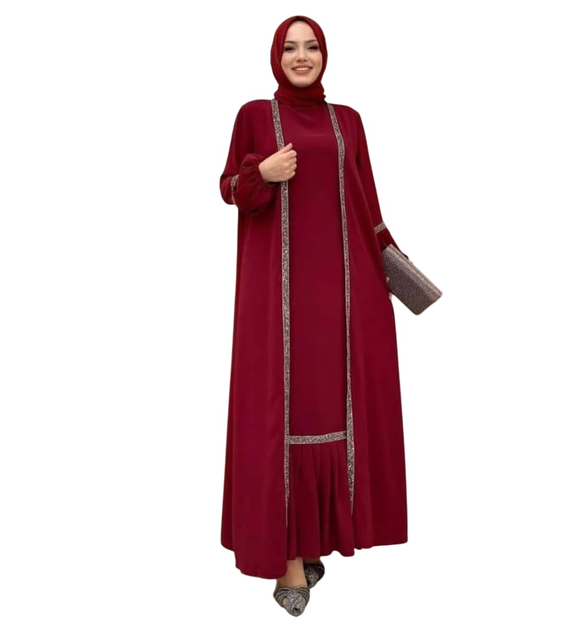 Elegant Long Burqa, Burgundy with Glitter Trim, Balloon Sleeves-picture-30