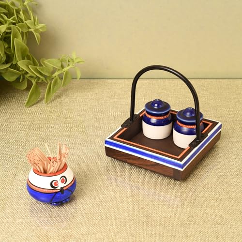 Image of Aakriti Art Creations Flavor Harmony Blue Tray Set with Ceramic Salt & Teak Wood | Handcrafted Abstract Art Kitchen & Dining Organizer Set | Matte & Glossy Finish Salt Pepper with Toothpick Holder