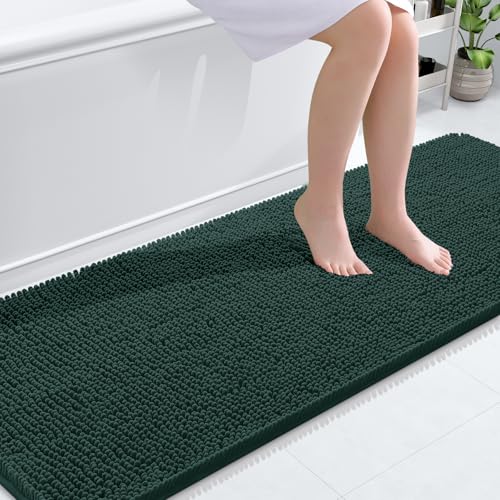 OLANLY Bathroom Rugs 70x24, Extra Soft Absorbent Chenille Bath Rugs, Rubber Backing Quick Dry, Machine Washable Bath Mats for Bathroom Floor, Tub and Shower, Home Decor Accessories, Blackish Green