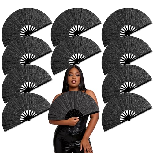 Yolease Boots on the Ground Hand Fan: 10pcs 13 inch Black Glitter Rave Fan Handheld Clacking Fans for Line Dancing Fans for Women Foldable Bulk for Dance Festival Church Birthday Party Favors
