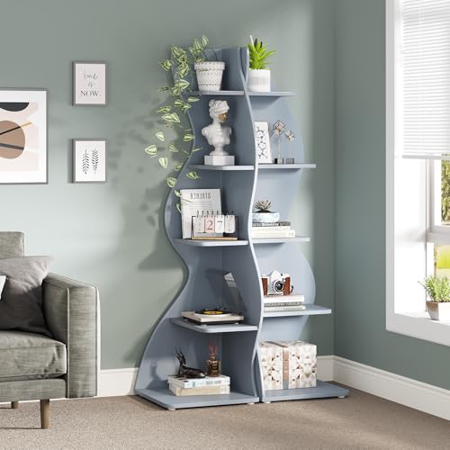 Image of Tribesigns Corner Shelf, Modern 5-Tier Wall Corner Bookshelf, Stylish Corner Small Bookcase Storage Rack Plant Stand with Unique Shape for Living Room, Home Office (Blue, 1PC)