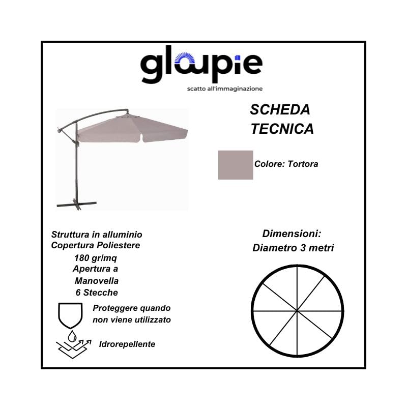 Ombrellone Susy Reclinabile a Braccio, Rotondo Diametro di 3 metri, Struttura in Acciaio,Copertura da 160 Gr/M²