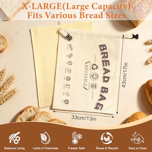 2 Pack Beeswax Bread Bags for Sourdough Homemade Bread, XL Cotton Linen Sourdough Reusable Natural Beeswax Bread Storage Bag, Keep Fresh and Upgraded Large Capacity Portable 17"×13" — view 6