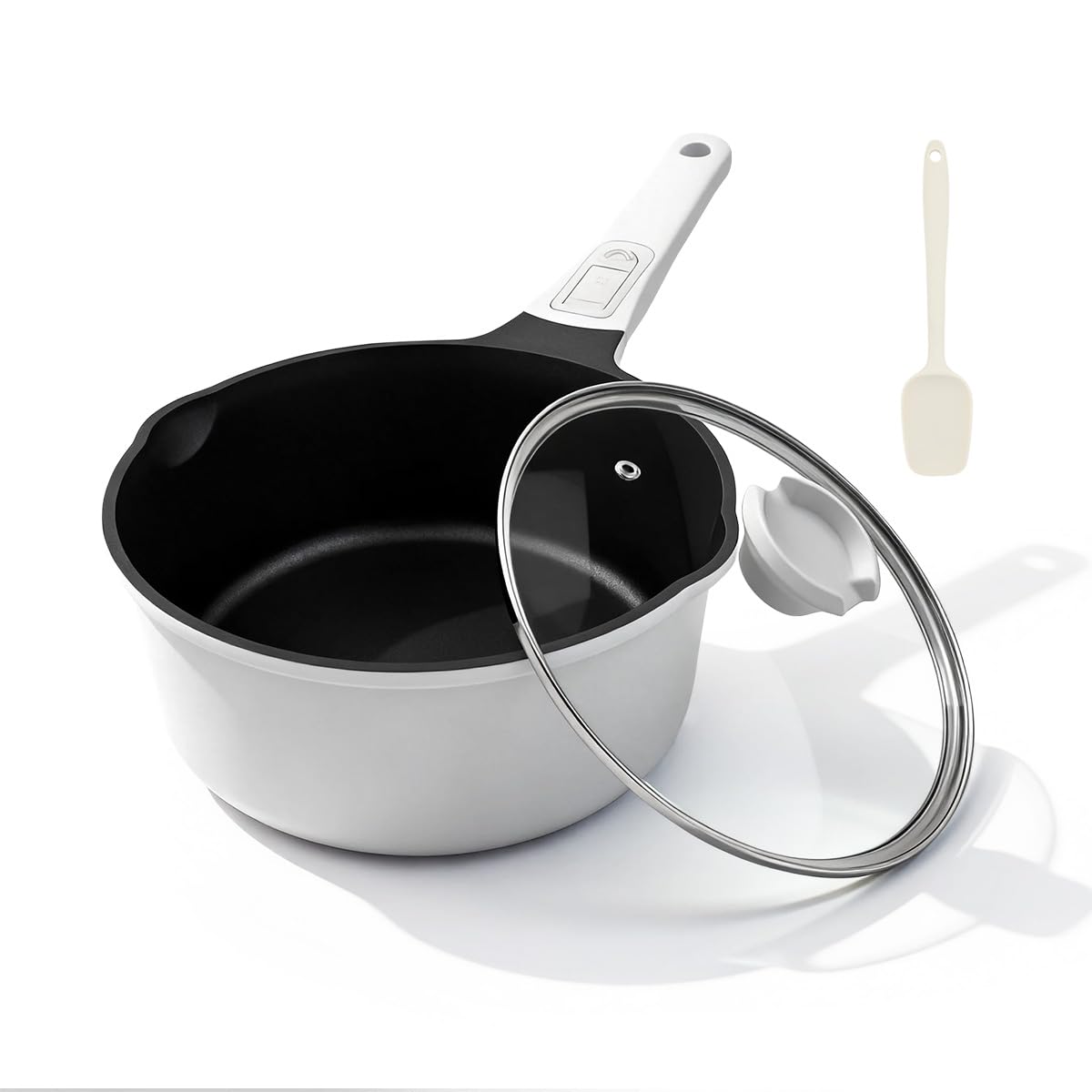 Kasserolle 16cm mit Deckel, 1.5L Antihaft-Stielkasserolle (Weiß-Schwarz)