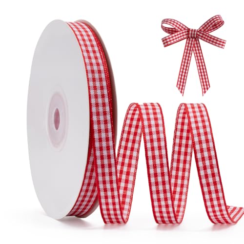 FAKILO Ruban Vichy rouge et blanc - 15 mm x 22 m - Ruban à carreaux rouges pour emballage cadeau, décoration de Noël, décoration de mariage, fête d'anniversaire et DIY