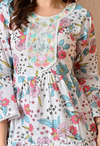 Image of LIBOZA 100% Cotton Floral Print Tiered Midi Dress, Bell Sleeves, Lace Trim Detail, White and Multicolour for Women, Office, Party, All Occassions