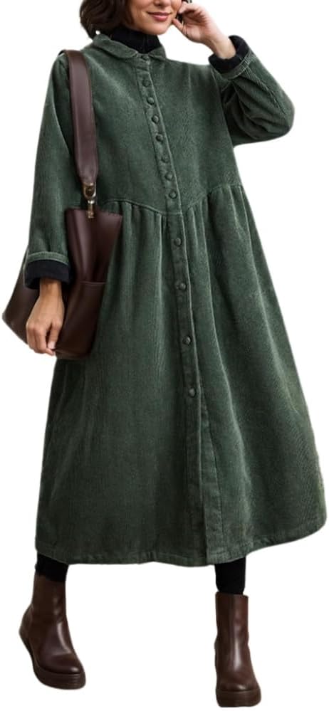Akivide Womens Retro Classic Corduroy Button Down Lapel Neck Maxi Dress Fall Winter Casual Jacket Outerwear with Side Pockets