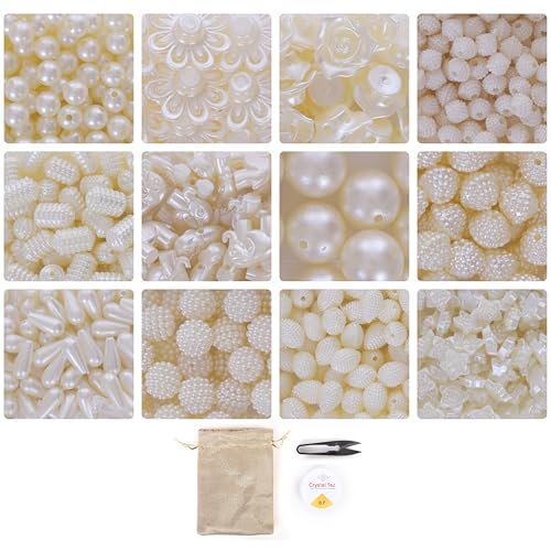 Image of Ambitieux Bracelet Craft Kit 12 Types of Pearl 900+ pcs of Plastic Beads Set with Elastic,Jute Bag and Thread Cutter - Perfect for Crafting (Pearl)