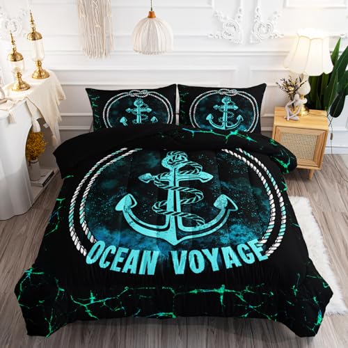 KTAbedding Nautical Themed Ocean Bedding Set Twin Size, Black and Blue Starfish Rudder Bedding Sets for Boys Girls Bedding Set Black and Blue Bedroom 1 Comforter & 2 Pillowcases by KTAbedding - Used condition - US$10.67