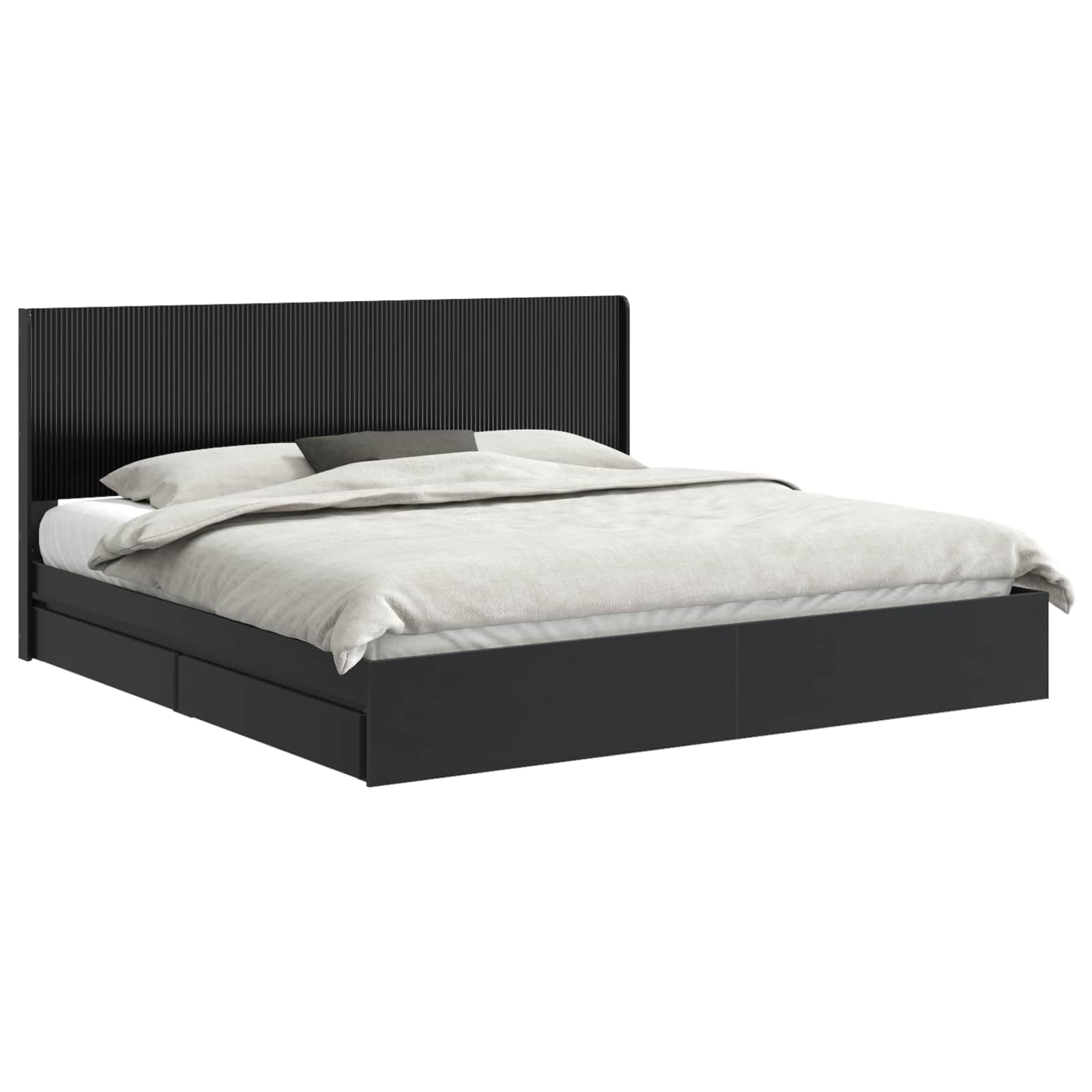 Rama de cama con almacenamiento y cabecero Negro 200 x 200 cm estructura de cama moderna con compartimentos de almacenamiento integrados para dormitorio, marco de madera montaje, uso interior