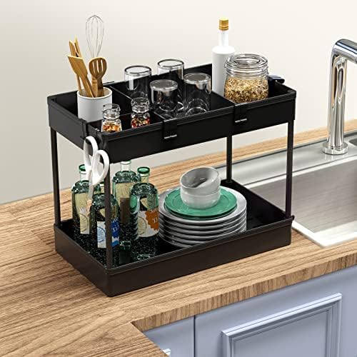 SPACEKEEPER Storage Trolley 4-Tier Rolling Utility Cart Slide Out Shelving Organization Shelf for Laundry Bathroom Kitchen with Two Small Containers & Hooks Black