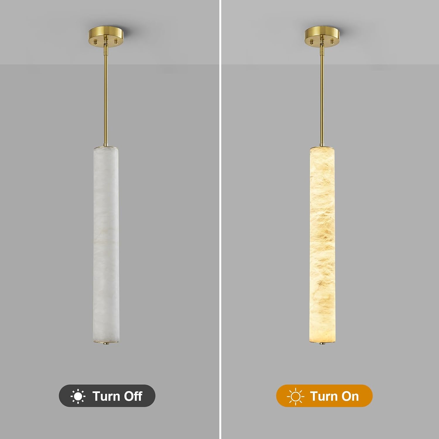 LMQNINE Natural Alabaster Pendant Lights White Marble 24" Long Tube Adjustable Boom Chandelier Modern 3000K Gold Ceiling Light for Kitchen Island Bedroom Dining Room Living Room Hallway(M-1Pack)
