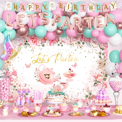 Fiesec Tea Party Decorations, Lets Par Tea Supplies with Teapot Floral Backdrop Balloon Banner Tablecloth Tableware Plates Napkins Cups Straws Knives Forks Spoons for Birthday Baby Shower by Fiesec - Used condition - Image 6