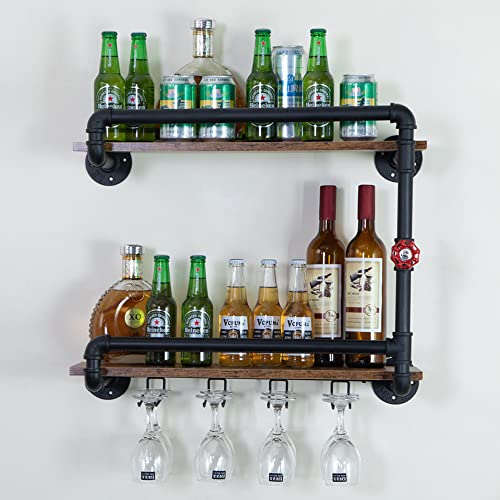 Botaoyiyi Wine Rack Wall Mounted 2 Tier, Hanging Floating Small Mini Bar Liquor Shelves With Glass Holder Storage Under, Industrial Rustic Pipe Farmhouse Kitchen Decor Black(23.6X10.6X19.7) #TOP1