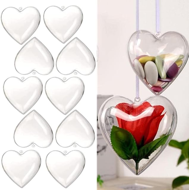 Kaikso-In 10 Pcs Clear Balls for Crafting, DIY Fillable transparent Plastic Heart Shape Bauble Pendant Hanging Ornament for Wedding Party Tree Xmas Stocking Fillers