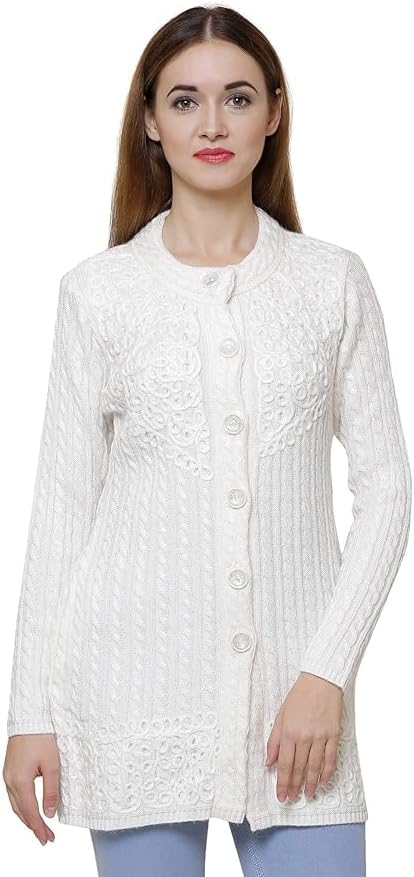 HAUTEMODA Women's Woollen Embroidered Long Cardigan Sweater (Ad04Sa01_Peach)