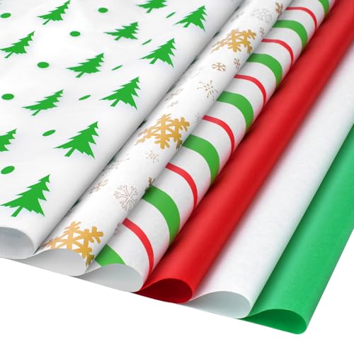 Umikk 6 diseños de papel de seda de Navidad para bolsas de regalo, 120 hojas de 20 x 20 pulgadas, papel de regalo rojo y verde, papel de seda a granel para envolver regalos de Navidad, cumpleaños,