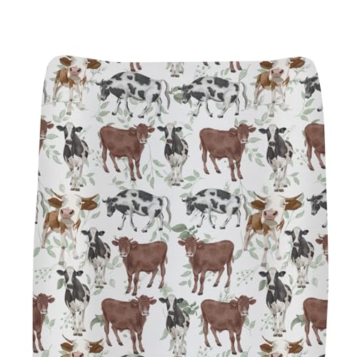 Watercolor Cows Green Leaves Baby Changing Pad Covers for Boys Girls Cow Yak Cattle Farm Animal Fitted Change Table Cover Mats Farmhouse Farmyard Soft Diaper Changing Pad Sheets 32''×16''
