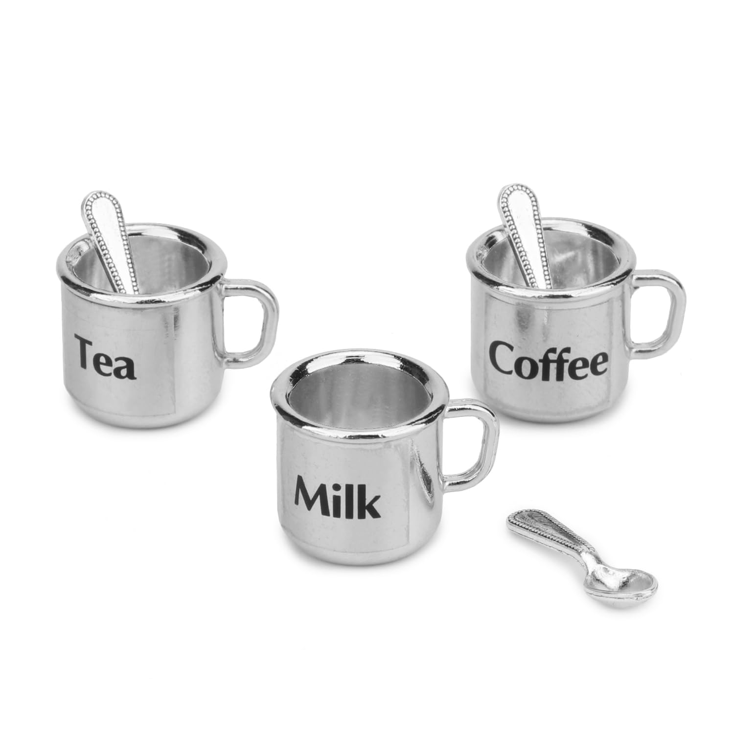 Dollhouse Miniature Cups with Spoons - 6PCS 1/12 Metal Doll House Accessories - 3 Cups & 3 Spoons for Coffee, Tea & Milk - Living Room, Kitchen, Fairy
