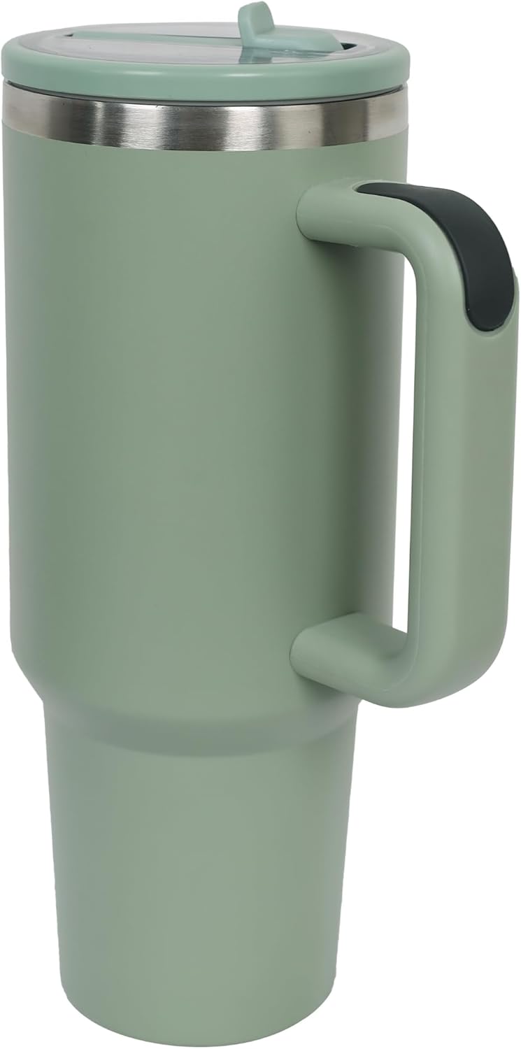 40oz Premium Stainless Steel Tumbler with Handle & Straw | Vacuum-Insulated Double-Wall Travel Mug for Hot & Cold Drinks | Cup-Holder Friendly | Leak-Resistant Lid (Olive Green) - Image 2