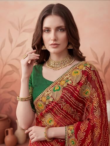Image of SIRIL Women's Bandhani Printed Embroidery Georgette Saree with Unstitched Blouse Piece