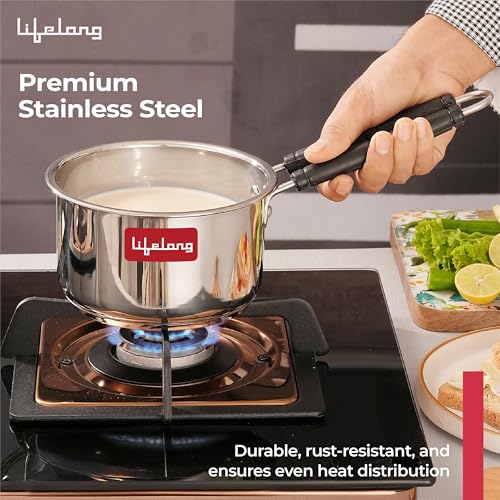Lifelong Stainless Steel Heavy Bottom Saucepan | 1.5L, 17cm Saucepan with Handle | Milk & Tea Boiling Pot for Kitchen | Induction & Gas Stove Compatible | Durable and Easy to Clean (LLSSP17) view 2