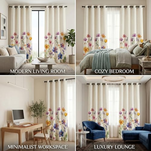 Image of BSB HOME 100% Blackout Curtains Set of 2 for Door & Window, Floral Print Room Darkening Curtains for Living Room, Bedroom & Balcony Privacy Drapes, 7 Feet (121 x 213 cm) - Wildflower Alabaster White