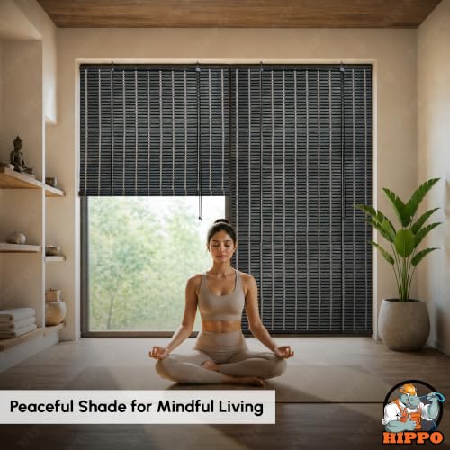 Image of HIPPO Bamboo Curtains - W-3FTXH-7FT Rope Mechanism Roll Up Down Indoor Bamboo Shade for Sun & Dust Protection for Home Window, Balcony, Restaurant, Hotel, Resort (Charcoal-Grey)