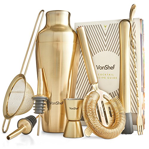 VonShef Premium Brushed Gold Parisian Cocktail Shaker Barware Set in Gift Box with Recipe Guide, Cocktail Strainers, Twisted Bar Spoon, Jigger, Muddler and Pourers