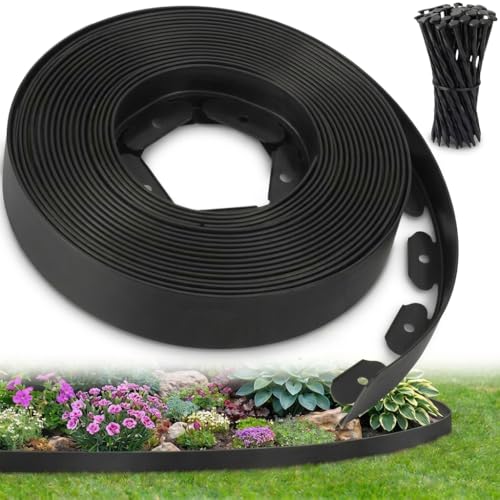 Ediesi, Bordura Jardín Exterior, 20 m, Flexible, Borde plástico Resistente 5 mm, borduras para delimitador césped, Caminos fácil instalación con 60 Piquetas (Negro, 20 Metros)