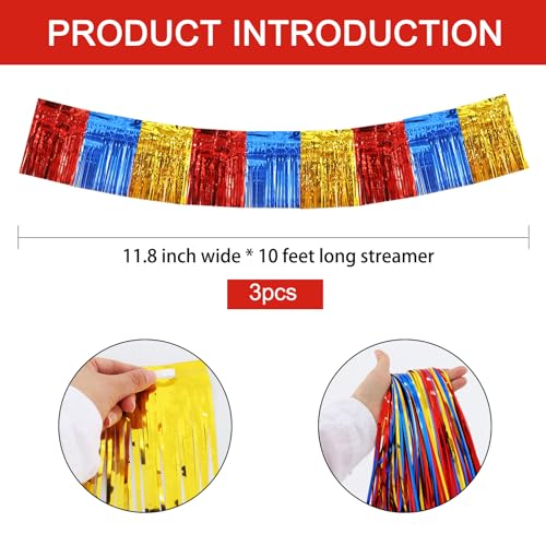 Image of BEISHIDA 3 Packs Metallic Foil Fringe Garland Gold Red Blue Wall Hanging Tinsel Fringe Banners for Car Floats Birthday Baby Bridal Shower Wedding Graduation Holiday Party Decoration(30 Feet)
