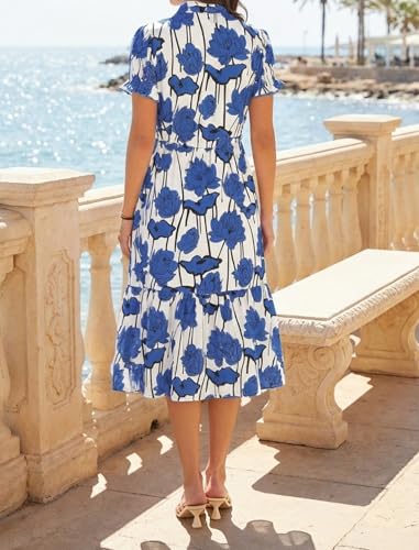 Image of Theenkoln Womens Casual Midi Dress: Short Sleeve V-Neck Empire Waist Gingham Spring Fashion Long Trendy Tiered Formal Dresses
