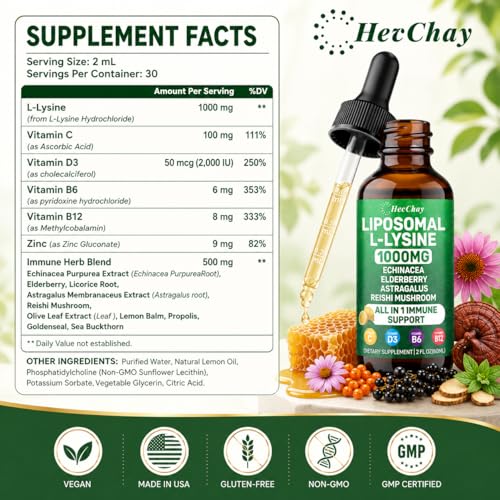 Liposomal Lysine 1000MG Liquid Drops, 16-in-1 L Lysine Supplement for Kids and Adults, Echinacea & Elderberry with Vitamin C, B6, D3, B12 & Zinc for Collagen, Lip, skin & Immune Support, 1 Pack — view 2