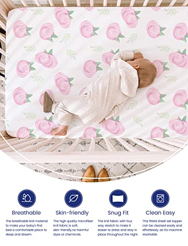 Image of TotAha Premium Stretchy Crib Sheets (2-Pack)-Hypoallergenic, Silky Comfort, Buttery Soft, Calming Effect, All-Season Jersey-Knit Sheets, 9'' Extra Deep Pocket (Pink Buds & Green Leaves)