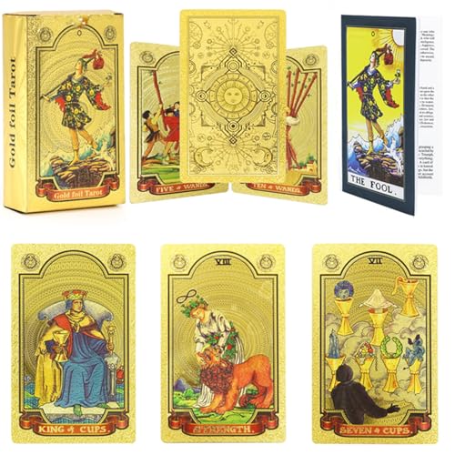 Image of Oracle 78 Gold foil Tarot Cards with Guide Book Tarot Deck for Beginners and Professional Player with Box Tarot PVC Durable Waterproof Wrinkle Resistant