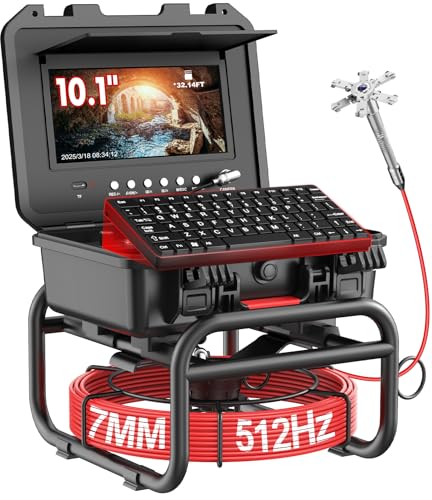 Sewer Camera with 512Hz Transmitter 100ft, 7mm Cable Self Leveling Drain Cameras with Distance Counter, Plumbing Camera Snake with Light, 10.1'' Pipe Borescope Inspection Cam w/DVR (Keyboard Input)
