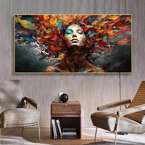Peinture moderne femme et feuilles colorées, images imprimées de salon 30x60 cm