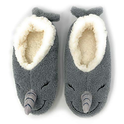 Women's Cozy Slippers, Oooh Yeah Sherpa Socks Funny Fluffy Fuzzy Animal Comfy Soft House Slippers (M, Narwhal)