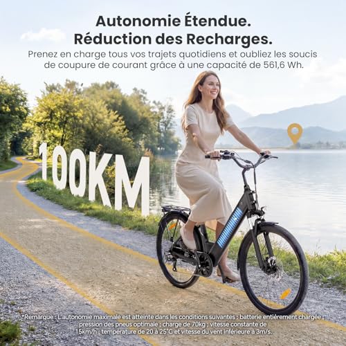 Touroll J2 St Pro Vélo Électrique Ville, Moteur 250W 45Nm, Batterie 561Wh, Autonomie 100KM, Freins Hydrauliques, 7 Vitesses, 26" VTC Electrique Homme Femme – vue 3