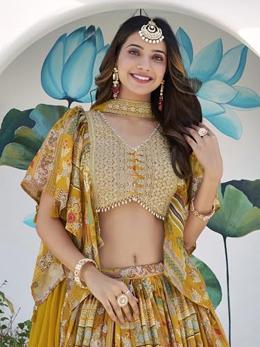 Image of Women's Digital Print With Zari Dori Embroidery Work Chinnon Silk Lehenga Choli With Dupatta (Women-Lehenga-Choli-New; Free size)